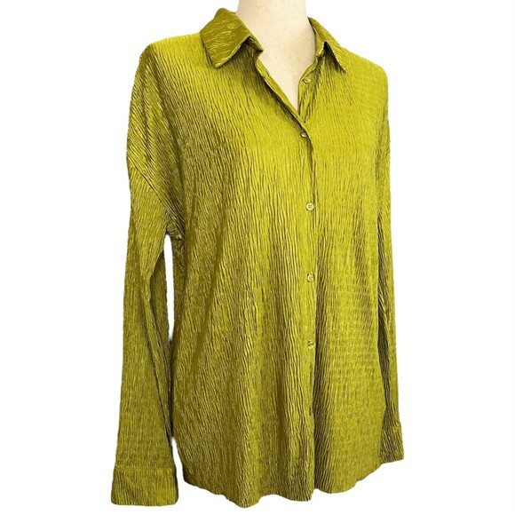 Bailey 44 Long Sleeve Button Up Top Size M Chartreuse Green Crinkle Quiet Luxury - Picture 1 of 11